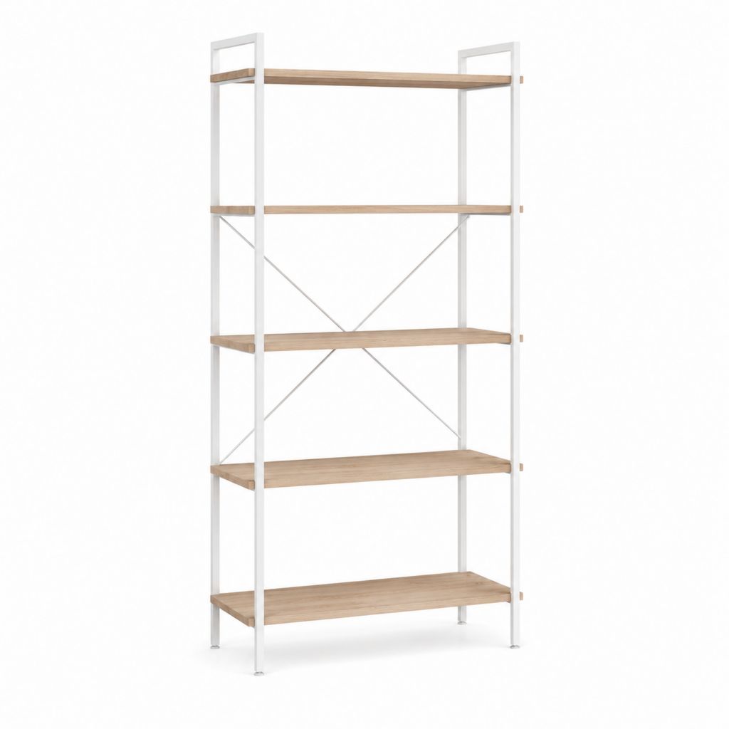 Bibliothèque étagère 5 niveaux blanc et chêne en acier et panneaux MDF 80 x 30 x 180 cm