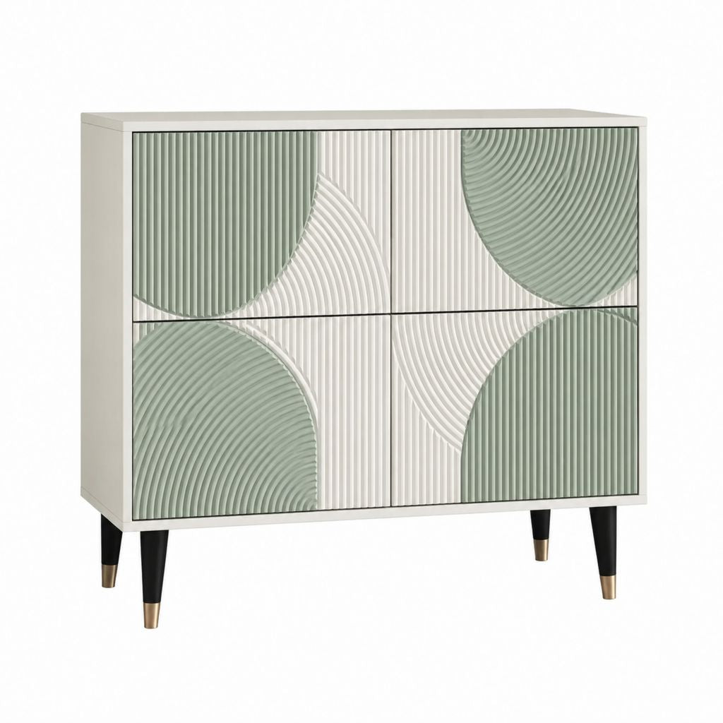 Buffet 4 portes rectangulaire blanc et vert sauge en MDF laqué 100 x 40 x 90 cm