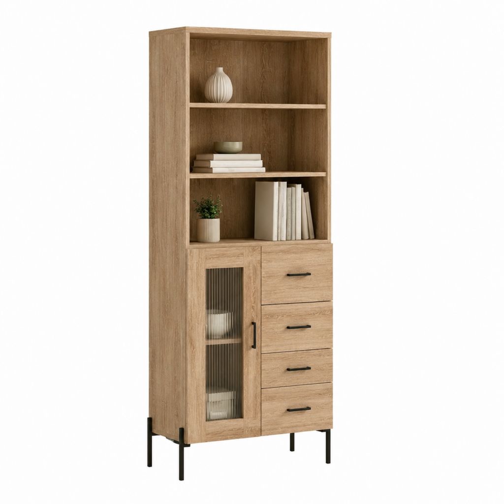 Buffet haut de rangement chêne clair en panneaux de particules 80 x 40 x 180 cm