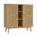 Buffet haut rectangulaire en panneaux MDF plaqués chêne avec cannage en rotin 120 x 40 x 140 cm