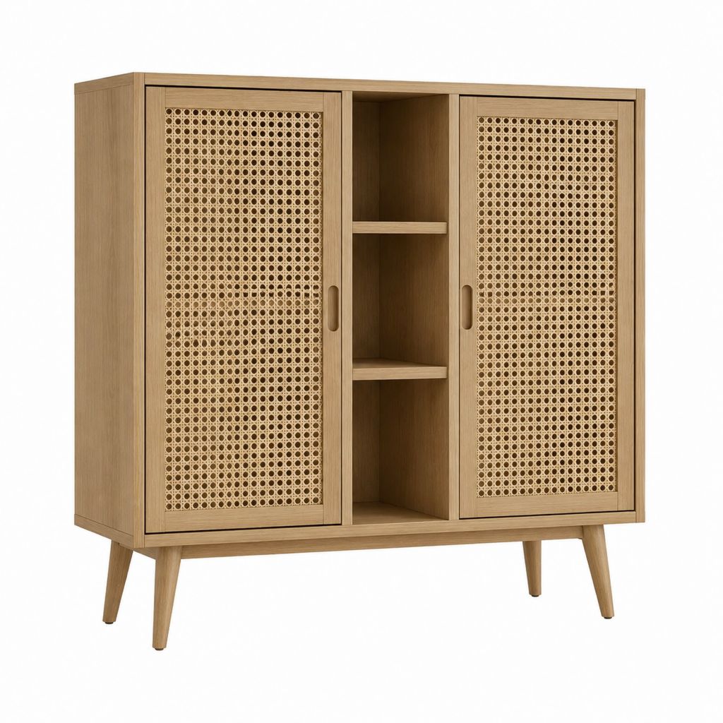 Buffet haut rectangulaire en panneaux MDF plaqués chêne avec cannage en rotin 120 x 40 x 140 cm
