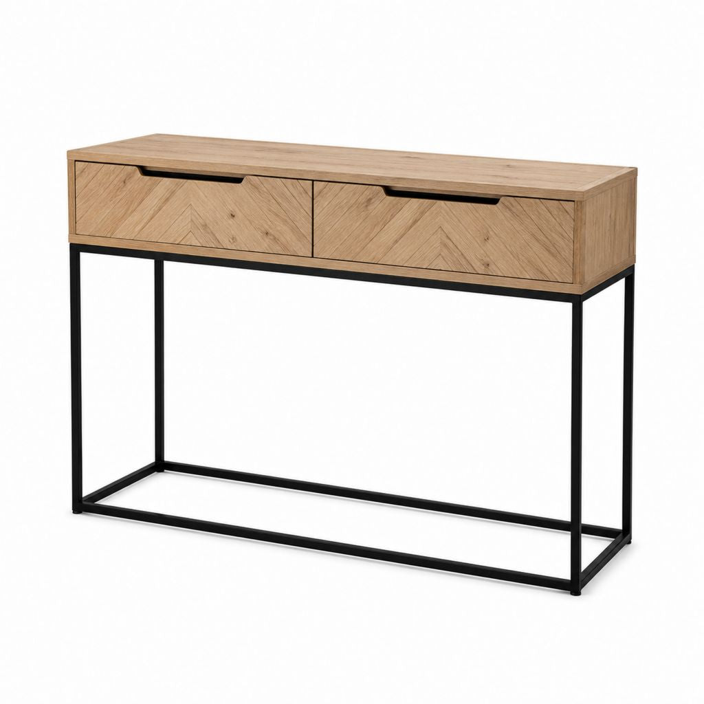 Console d'entrée 2 tiroirs chêne et acier noir rectangulaire 120 x 35 x 80 cm