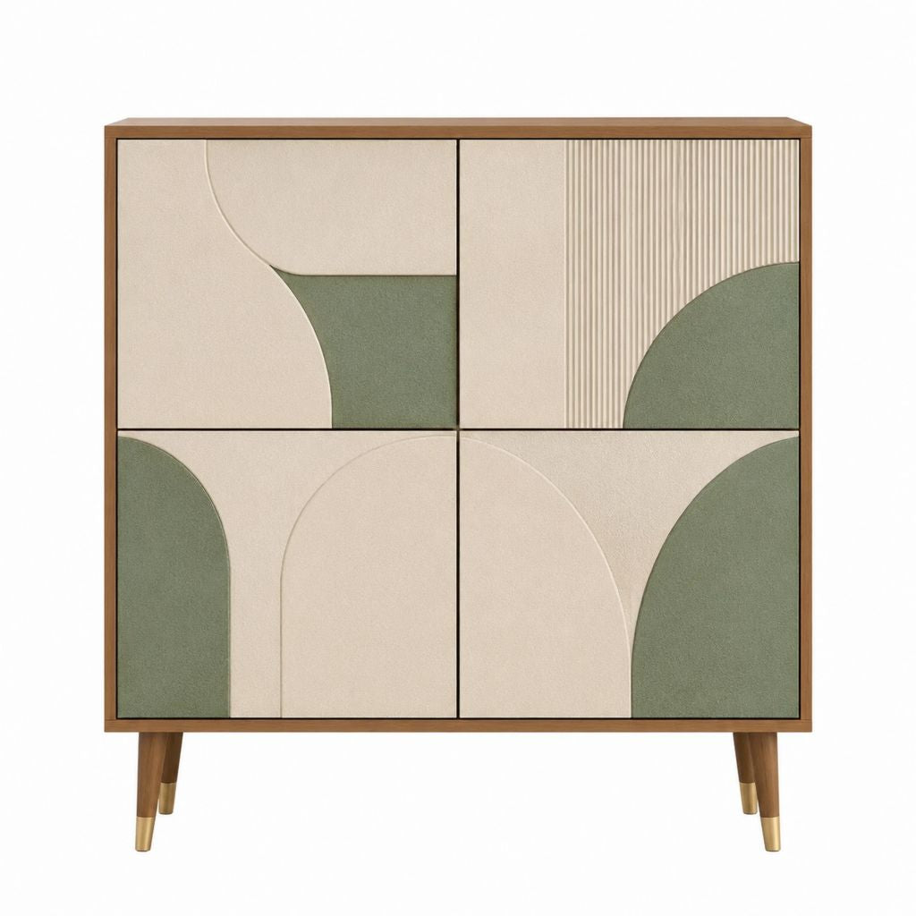 Buffet 4 portes beige et vert en MDF plaqué noyer 100 x 40 x 120 cm