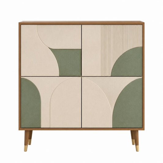 Buffet 4 portes beige et vert en MDF plaqué noyer 100 x 40 x 120 cm