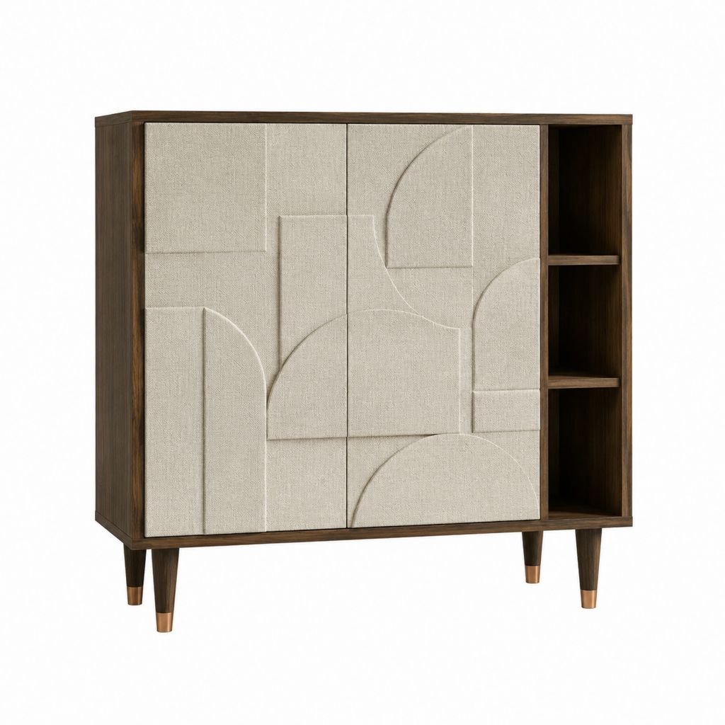 Buffet 4 portes avec étagères ouvertes beige et noyer en MDF plaqué noyer 120 x 45 x 120 cm