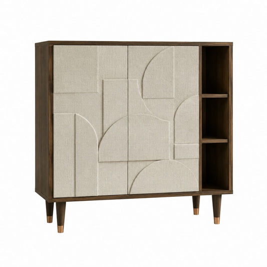 Buffet 4 portes avec étagères ouvertes beige et noyer en MDF plaqué noyer 120 x 45 x 120 cm