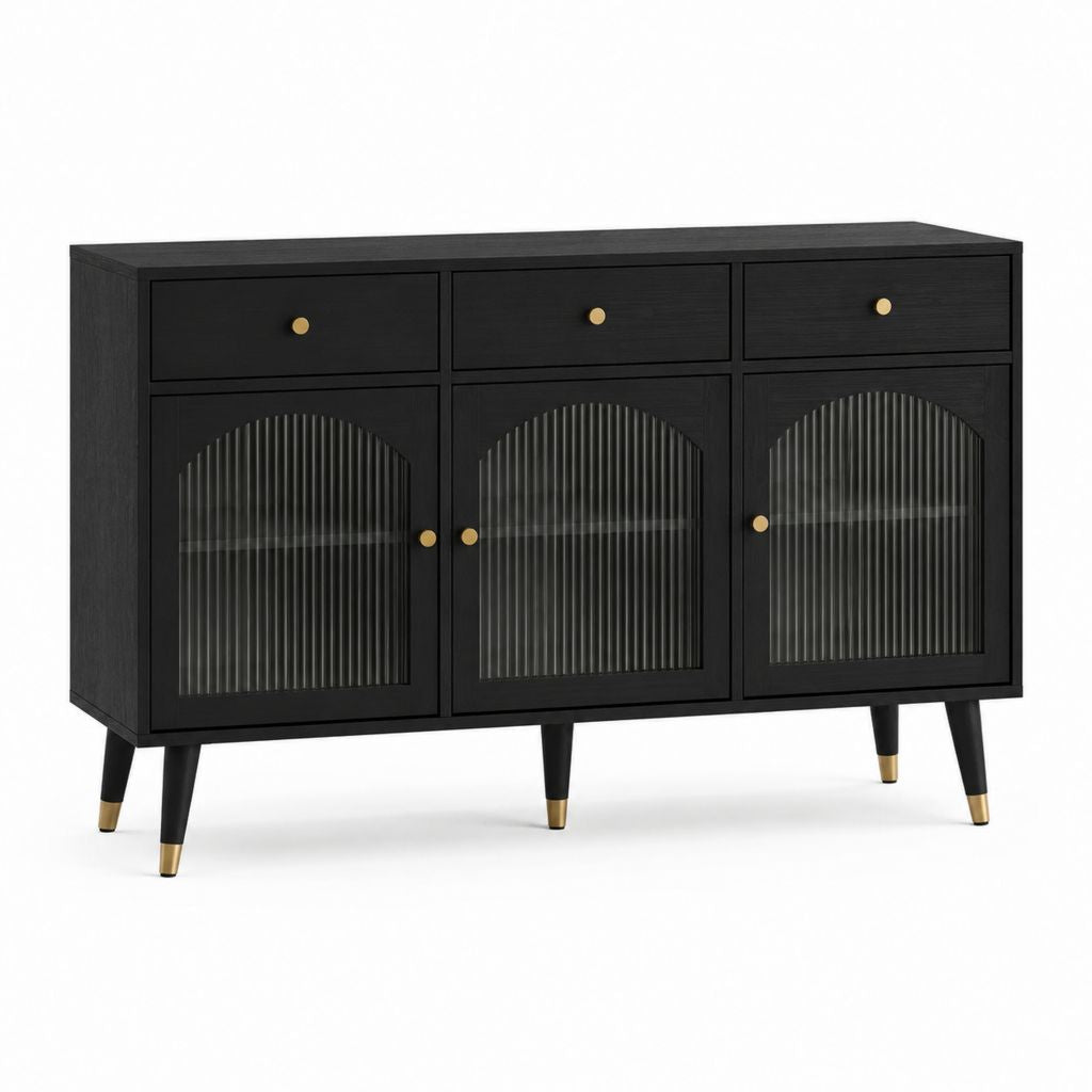 Buffet 3 portes 3 tiroirs noir en MDF et verre trempé rectangulaire 120 x 40 x 80 cm