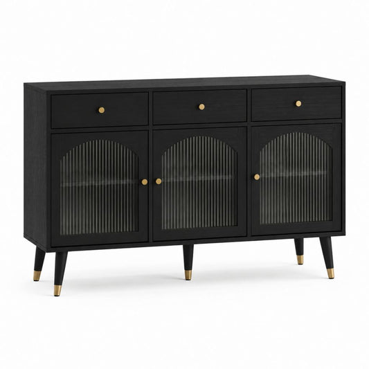 Buffet 3 portes 3 tiroirs noir en MDF et verre trempé rectangulaire 120 x 40 x 80 cm