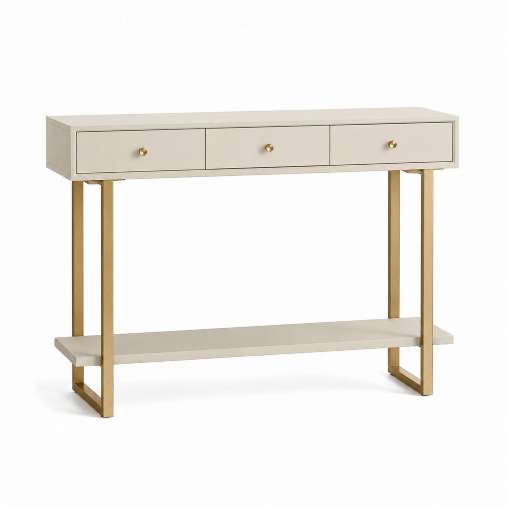 Console d'entrée rectangulaire beige et doré en MDF et acier avec 3 tiroirs 120 x 35 x 80 cm
