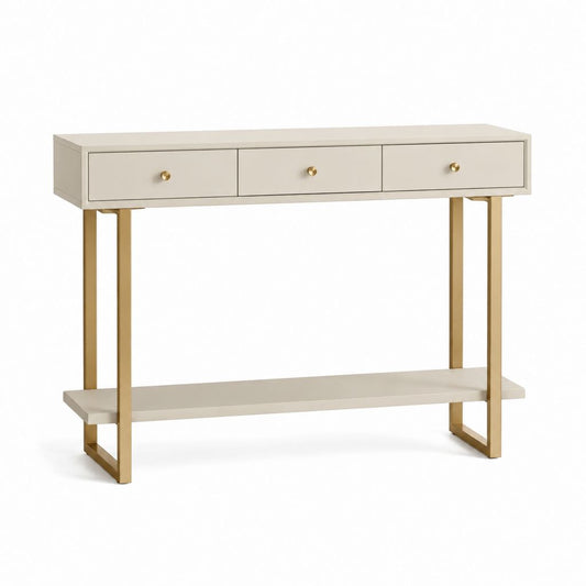 Console d'entrée rectangulaire beige et doré en MDF et acier avec 3 tiroirs 120 x 35 x 80 cm