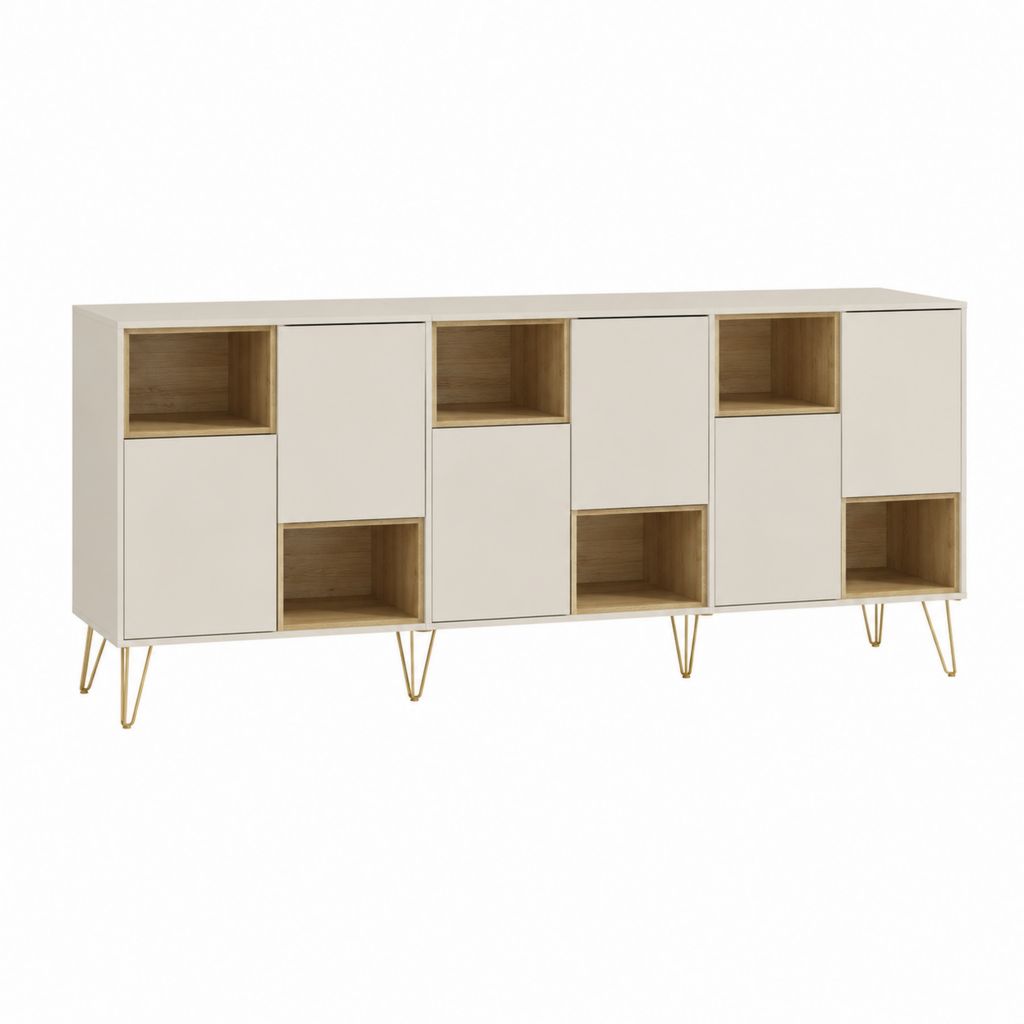 Buffet bas 6 portes et 6 niches blanc cassé et chêne clair en panneaux MDF 180 x 40 x 85 cm