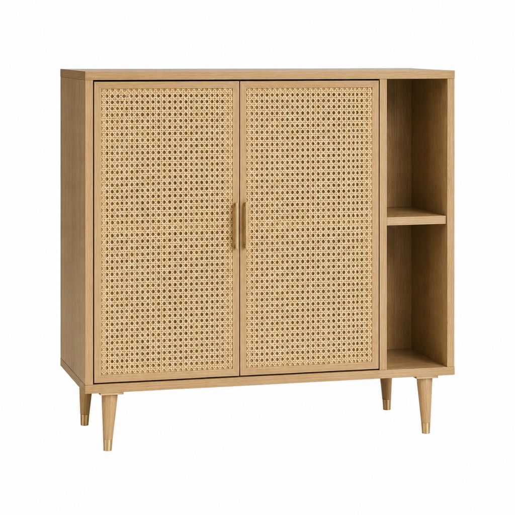 Buffet de salle à manger rectangulaire chêne et rotin naturel 120 x 40 x 120 cm