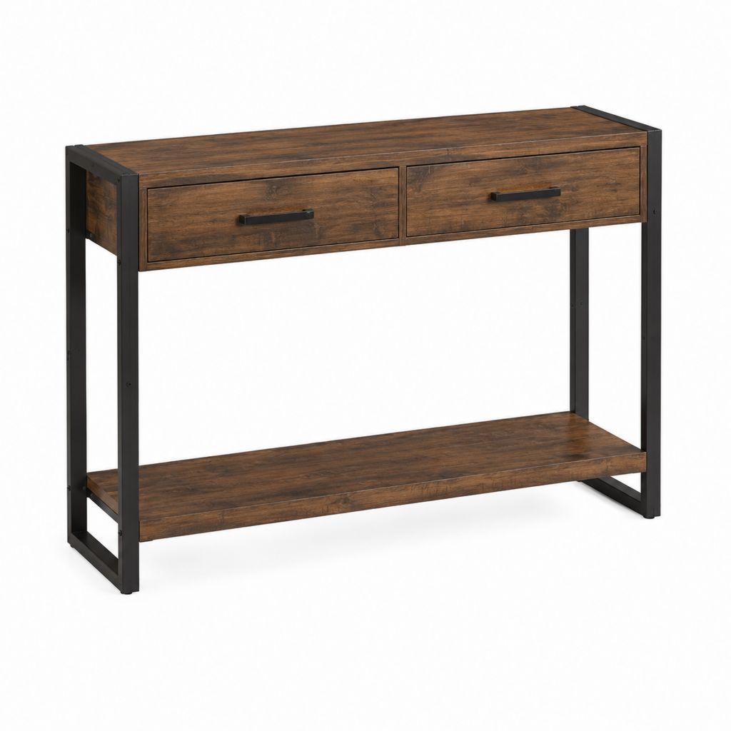 Console d'entrée 2 tiroirs marron et noir en panneaux de particules et acier 120 x 30 x 80 cm