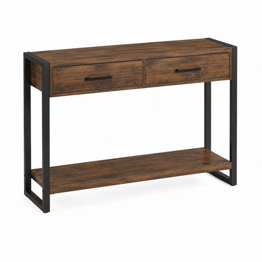 Console d'entrée 2 tiroirs marron et noir en panneaux de particules et acier 120 x 30 x 80 cm