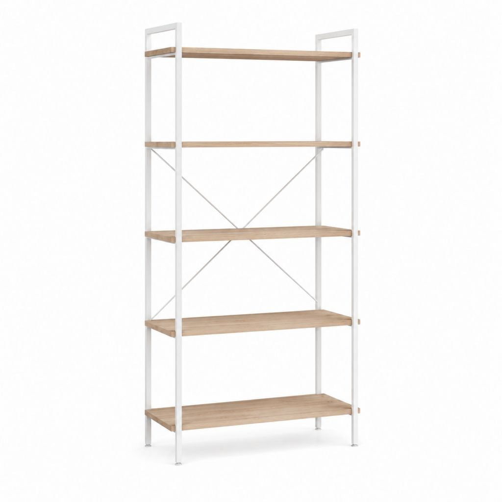 Bibliothèque étagère 5 niveaux blanc et chêne en acier et panneaux MDF 80 x 30 x 180 cm