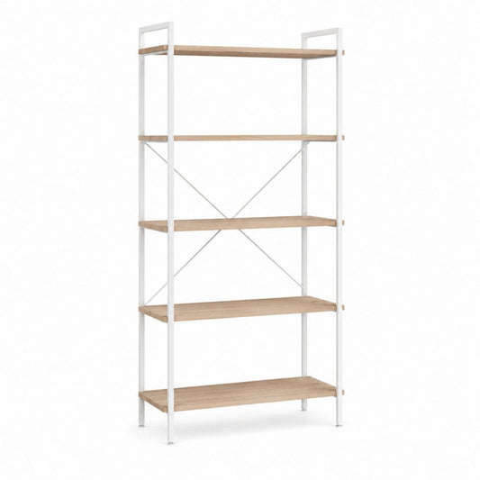 Bibliothèque étagère 5 niveaux blanc et chêne en acier et panneaux MDF 80 x 30 x 180 cm